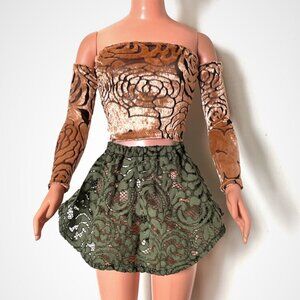 Light-orange velvet top & green lace mini skirt for My Size Barbie Doll 36" OOAK